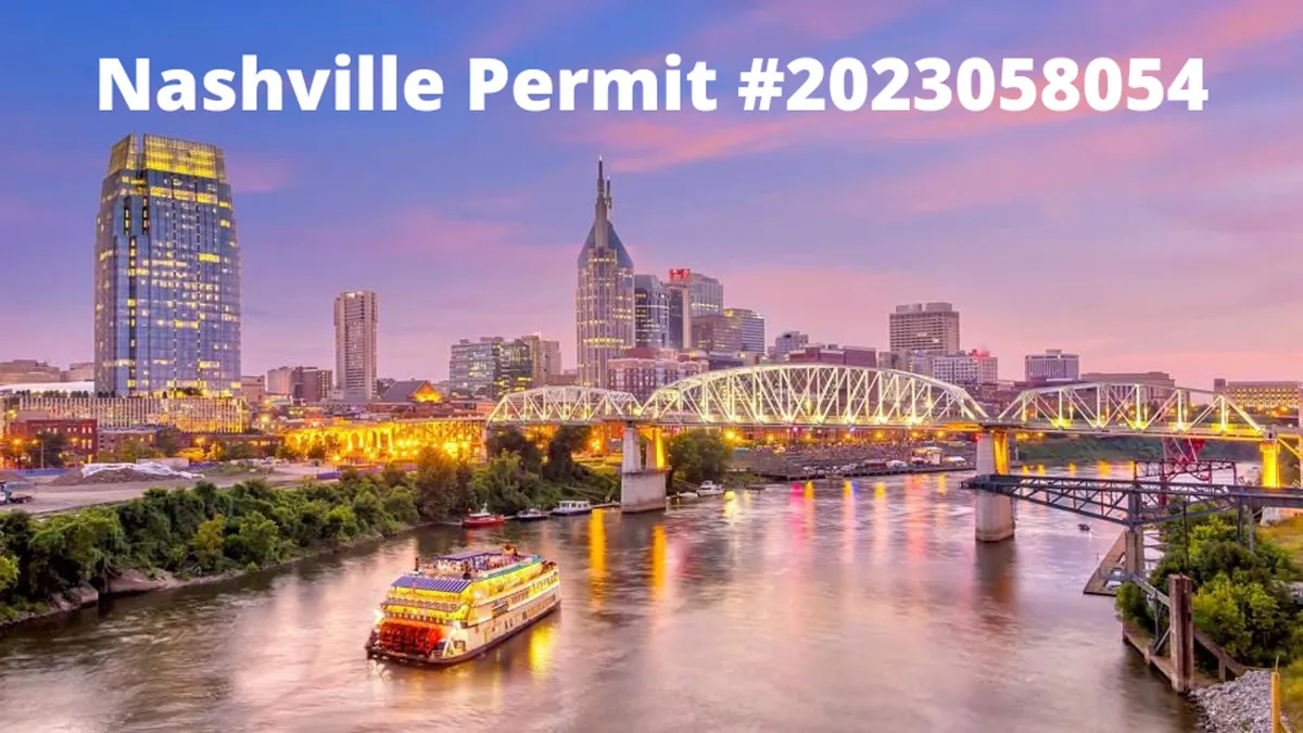 A sweeping view of the Nashville skyline at sunset, with city lights beginning to twinkle, bridges spanning the river, and a riverboat cruising by. The scene exudes the energetic and inviting atmosphere of Nashville's urban landscape.
