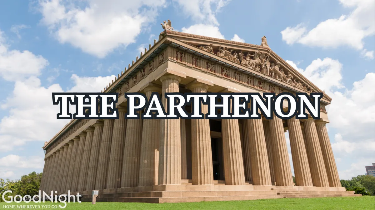 A striking exterior view of the full-scale Parthenon replica in Centennial Park, with its impressive columns and rooftop sculptures visible against the Nashville sky. The surrounding greenery and open space invite exploration and play.