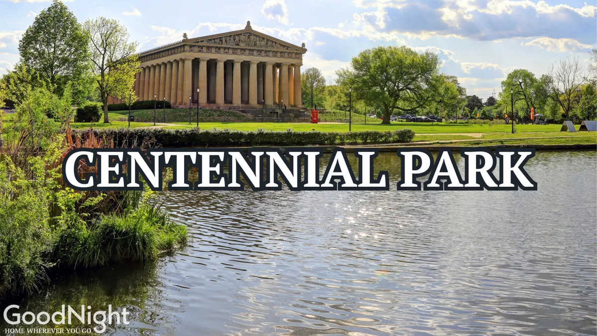 A serene view of the Parthenon-like structure in Centennial Park, surrounded by lush greenery and a tranquil lake. Visitors can be seen strolling, picnicking, and enjoying the peaceful outdoor setting, highlighting one of Midtown’s iconic landmarks.