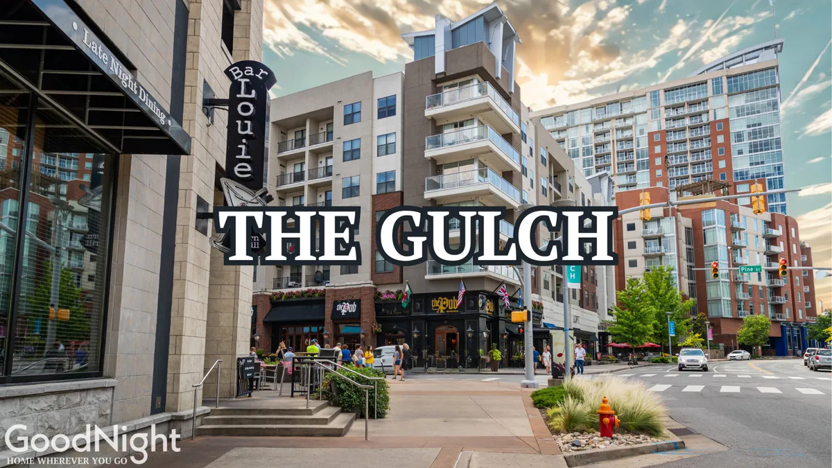 A bustling Midtown streetscape featuring Bar Louie, modern residential buildings, outdoor cafes, pedestrians, and the energetic rhythm of city life. The scene captures the area’s cosmopolitan vibe and accessibility to dining, shopping, and social experiences.