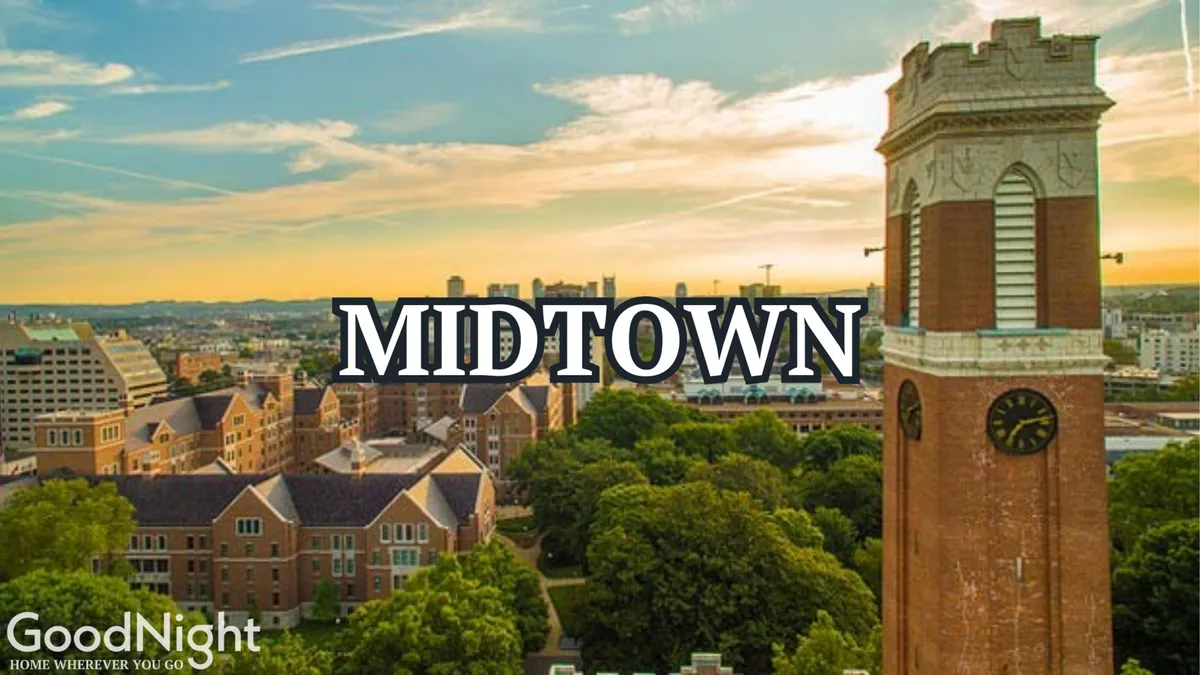A panoramic cityscape view highlighting central Nashville, with the iconic clock tower, urban buildings, lush green trees, and a skyline stretching into the distance. The atmosphere is lively, with hints of community activities and city vibrancy.